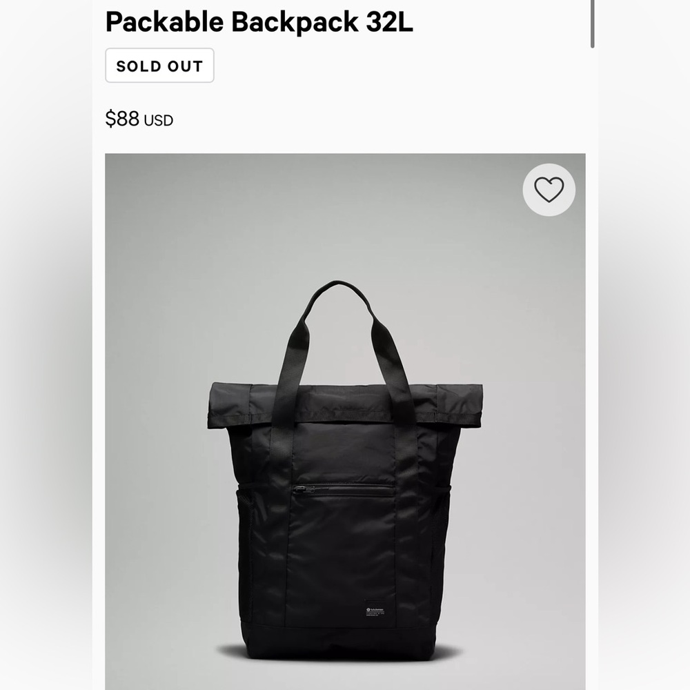 Lululemon Black Packable Backpack 32L NWT